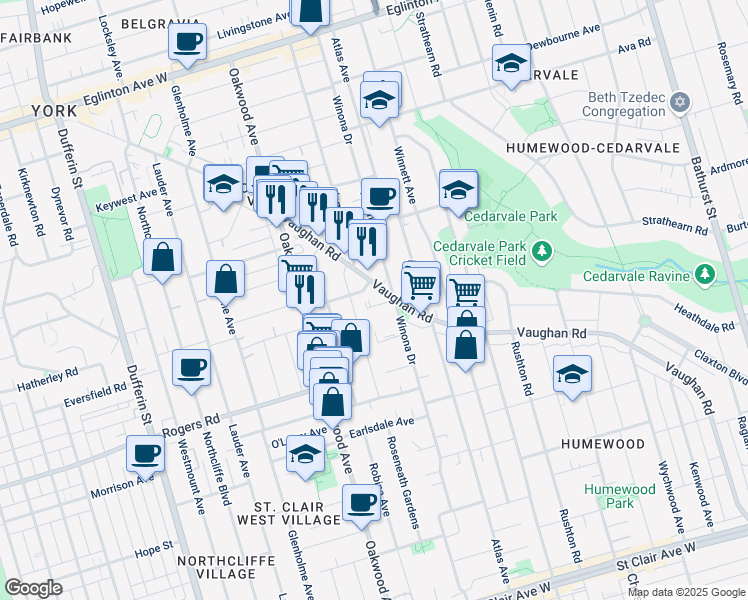 map of restaurants, bars, coffee shops, grocery stores, and more near 6 Moir Avenue in Toronto