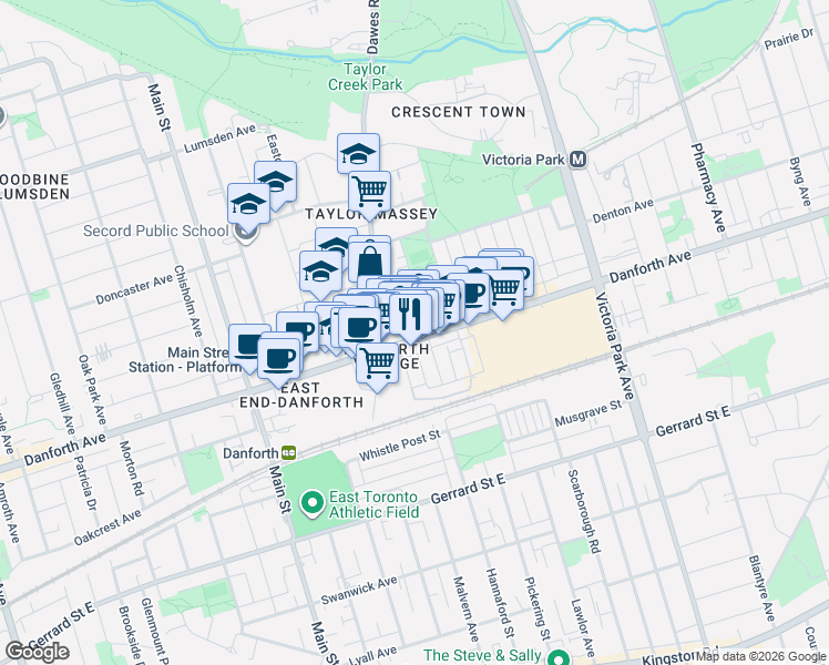 map of restaurants, bars, coffee shops, grocery stores, and more near 2844 Danforth Avenue in Toronto