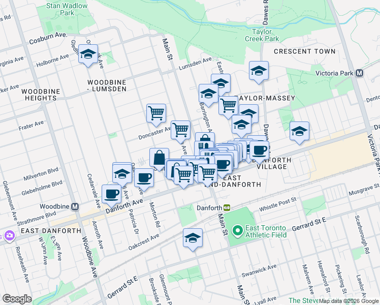 map of restaurants, bars, coffee shops, grocery stores, and more near 63 Chisholm Avenue in Toronto