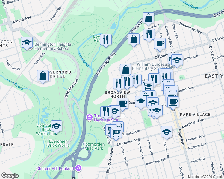 map of restaurants, bars, coffee shops, grocery stores, and more near 69 Don Valley Drive in Toronto