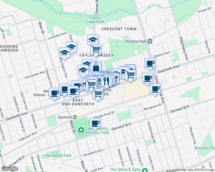 map of restaurants, bars, coffee shops, grocery stores, and more near 2844 Danforth Avenue in Toronto