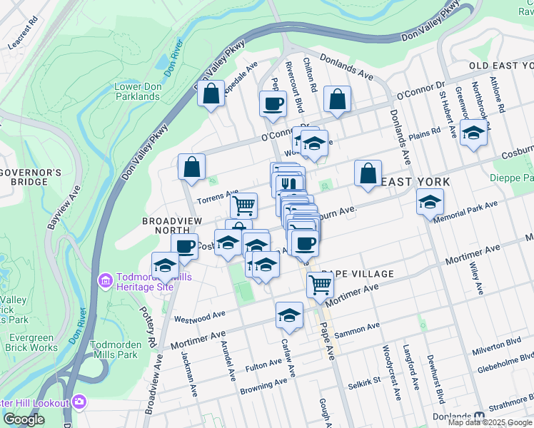 map of restaurants, bars, coffee shops, grocery stores, and more near 85 Gamble Avenue in Toronto