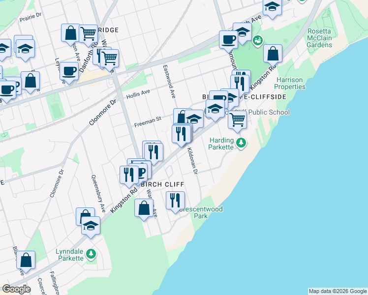 map of restaurants, bars, coffee shops, grocery stores, and more near in Toronto