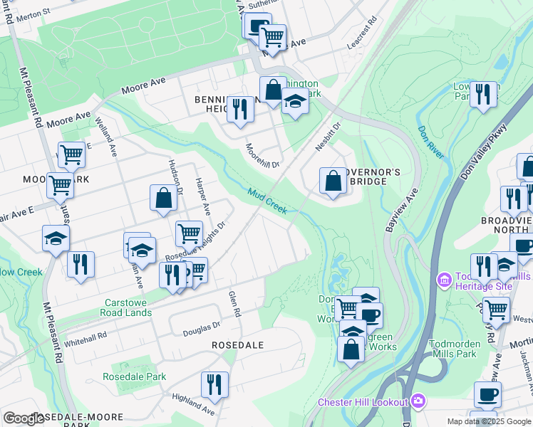 map of restaurants, bars, coffee shops, grocery stores, and more near 73 Astley Avenue in Toronto