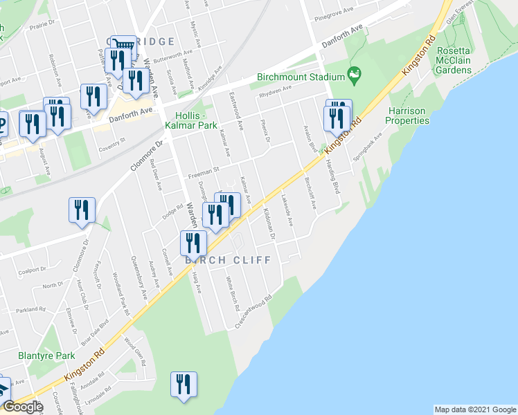 map of restaurants, bars, coffee shops, grocery stores, and more near 1561 Kingston Road in Toronto