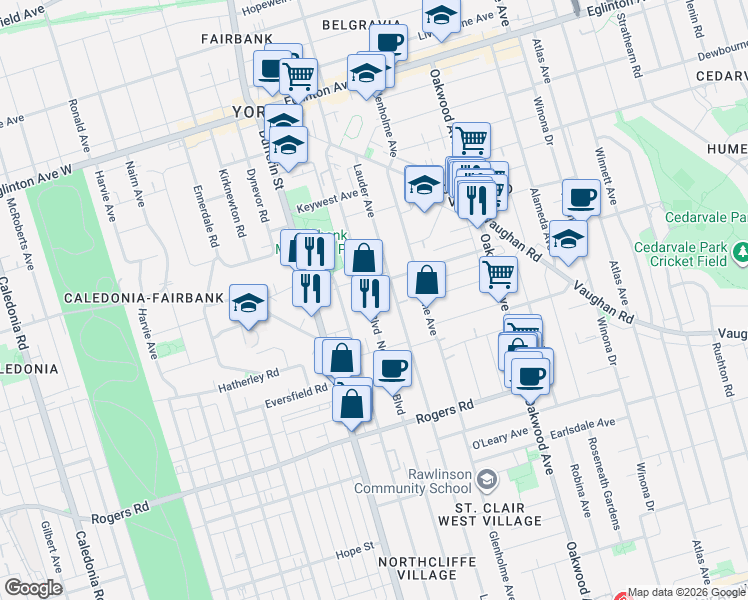 map of restaurants, bars, coffee shops, grocery stores, and more near in Toronto