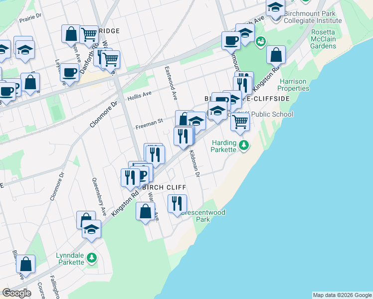 map of restaurants, bars, coffee shops, grocery stores, and more near 1561 Kingston Road in Toronto