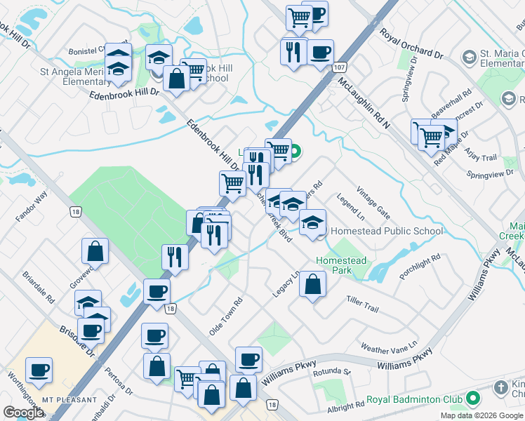 map of restaurants, bars, coffee shops, grocery stores, and more near 165 Fletchers Creek Boulevard in Brampton