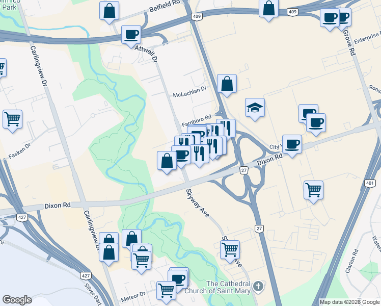 map of restaurants, bars, coffee shops, grocery stores, and more near 210 Attwell Dr in Toronto