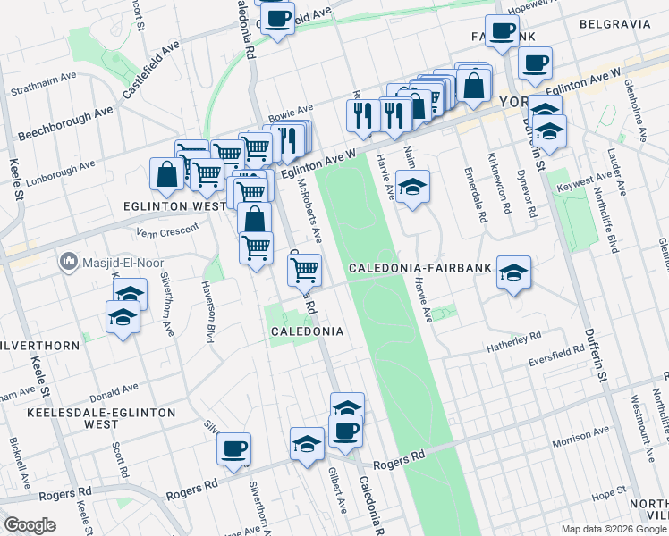 map of restaurants, bars, coffee shops, grocery stores, and more near 549 McRoberts Avenue in Toronto