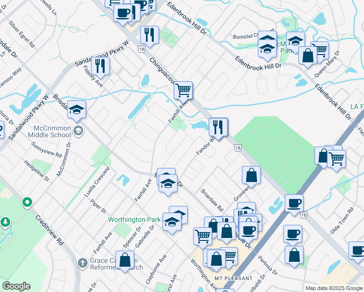 map of restaurants, bars, coffee shops, grocery stores, and more near 37 Sandway Drive in Brampton