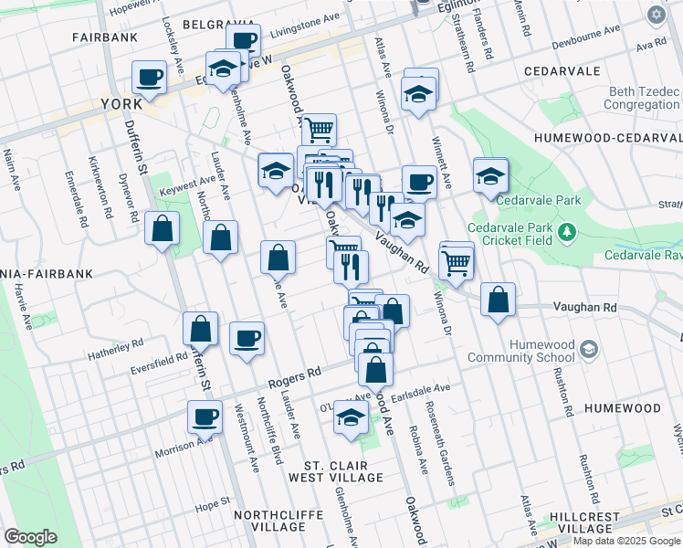 map of restaurants, bars, coffee shops, grocery stores, and more near in Toronto