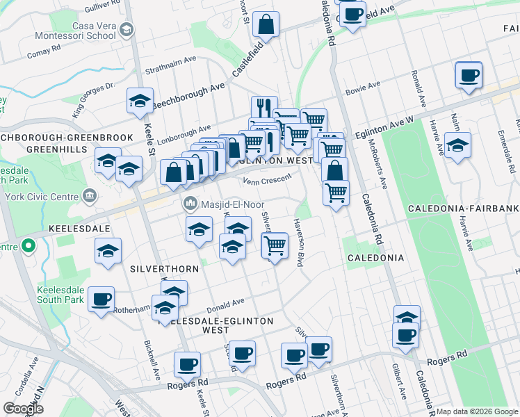 map of restaurants, bars, coffee shops, grocery stores, and more near 524 Silverthorn Avenue in Toronto
