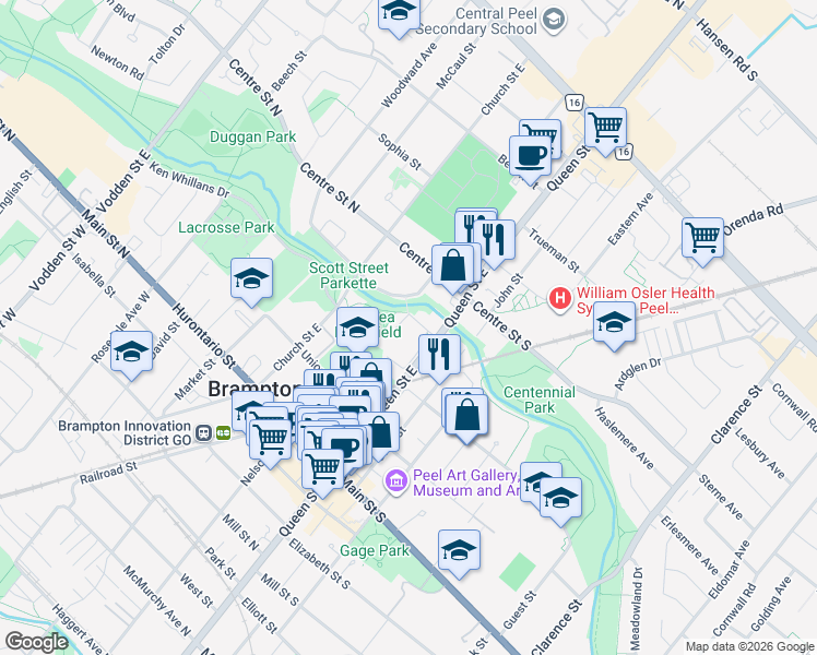 map of restaurants, bars, coffee shops, grocery stores, and more near 13 Scott Street in Brampton