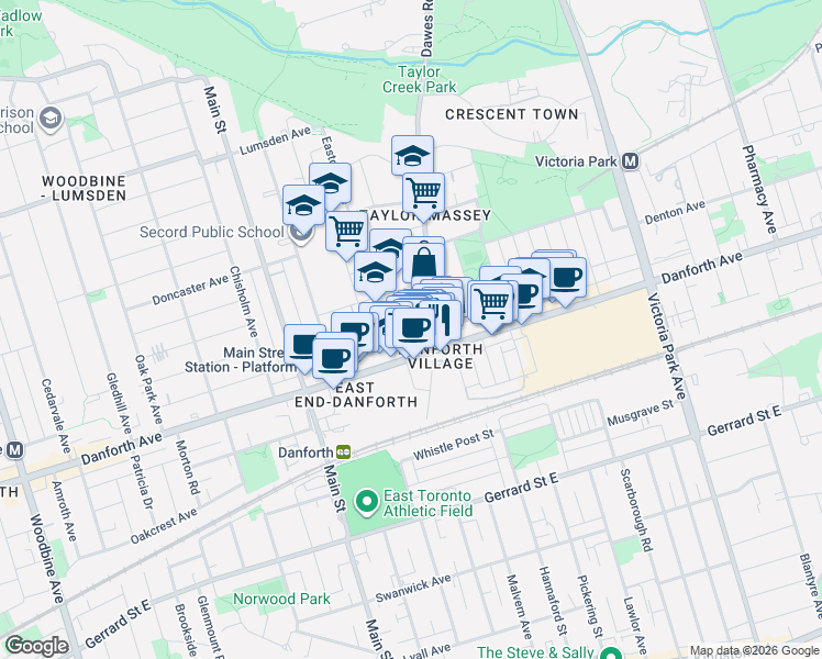 map of restaurants, bars, coffee shops, grocery stores, and more near 99 Coleman Avenue in Toronto