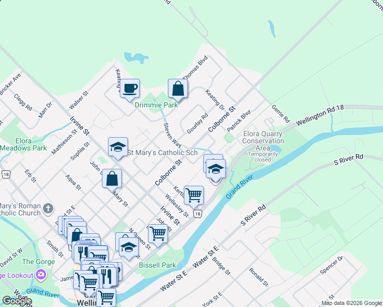 map of restaurants, bars, coffee shops, grocery stores, and more near 279 Colborne Street in Elora