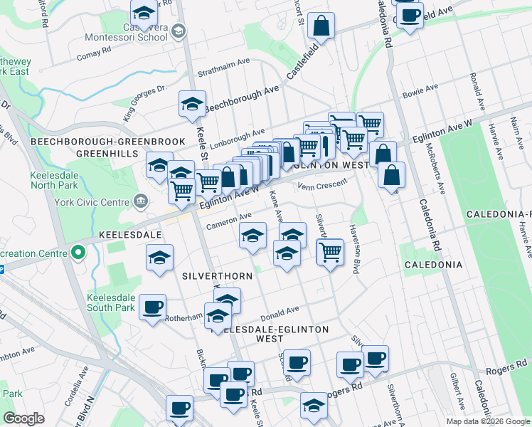 map of restaurants, bars, coffee shops, grocery stores, and more near 131 Cameron Avenue in Toronto