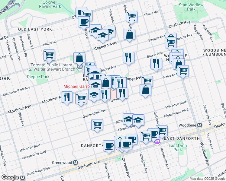 map of restaurants, bars, coffee shops, grocery stores, and more near 825 Coxwell Avenue in Toronto
