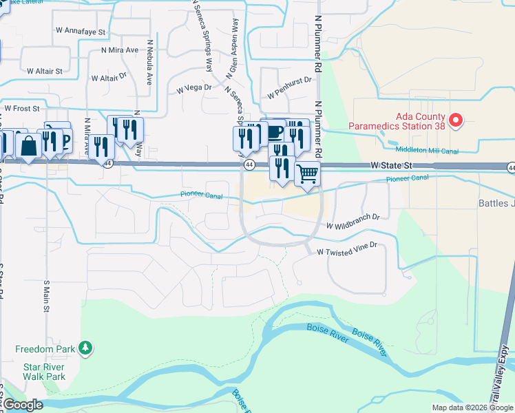 map of restaurants, bars, coffee shops, grocery stores, and more near 9864 West Achillea Street in Star