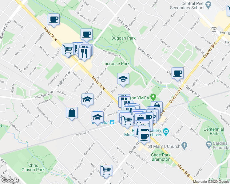 map of restaurants, bars, coffee shops, grocery stores, and more near 17 Ellen Street in Brampton