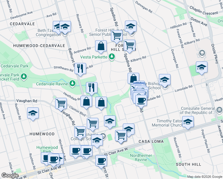 map of restaurants, bars, coffee shops, grocery stores, and more near 36 Millbank Avenue in Toronto