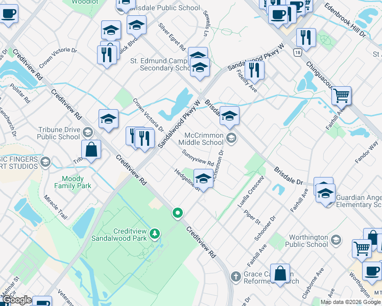 map of restaurants, bars, coffee shops, grocery stores, and more near in Brampton