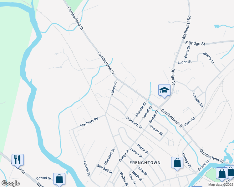 map of restaurants, bars, coffee shops, grocery stores, and more near 215 Pierce Street in Westbrook
