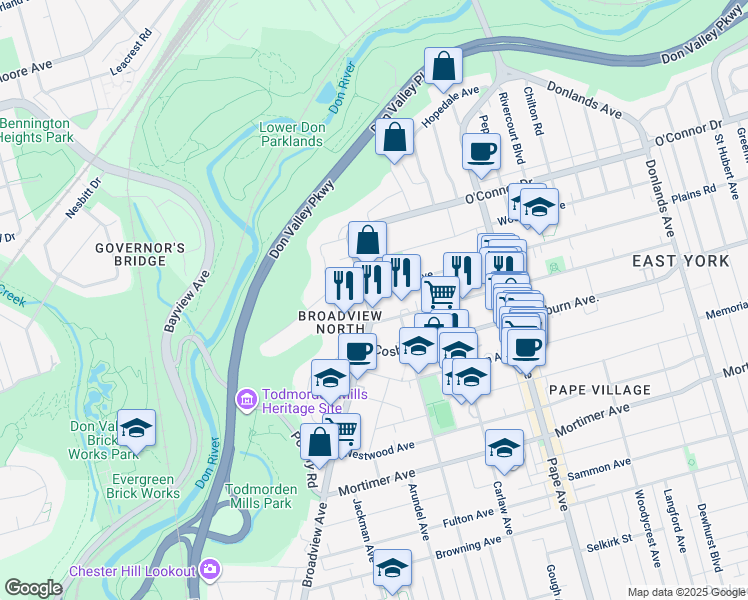 map of restaurants, bars, coffee shops, grocery stores, and more near in Toronto