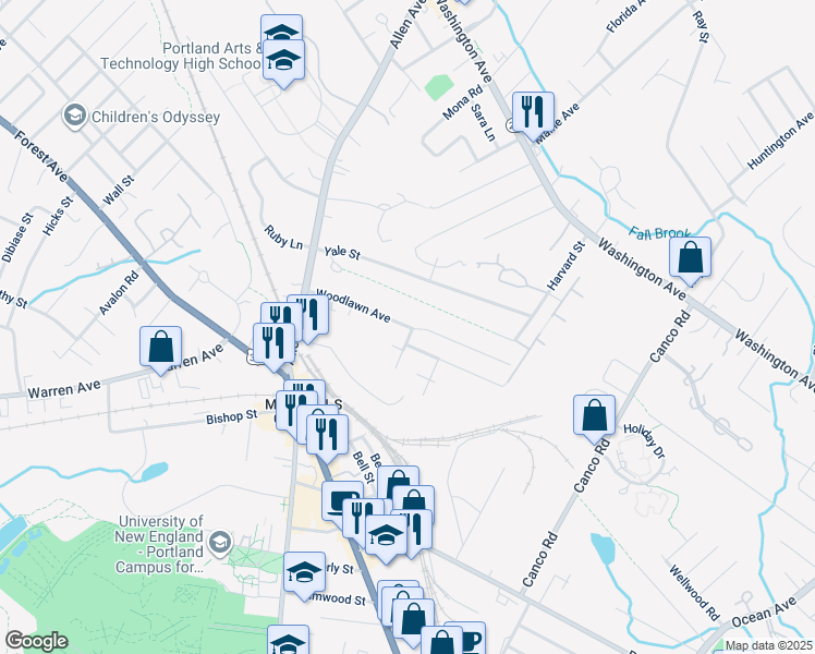 map of restaurants, bars, coffee shops, grocery stores, and more near 92 Woodlawn Avenue in Portland