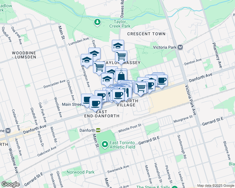 map of restaurants, bars, coffee shops, grocery stores, and more near 99 Coleman Avenue in Toronto