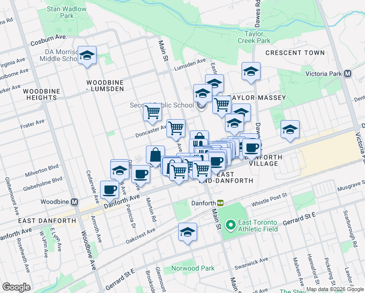 map of restaurants, bars, coffee shops, grocery stores, and more near 71 Chisholm Avenue in Toronto