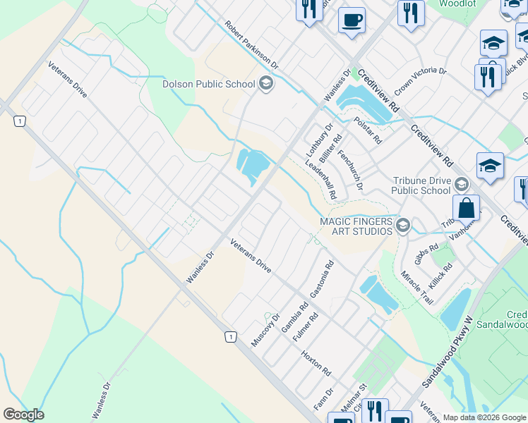 map of restaurants, bars, coffee shops, grocery stores, and more near in Brampton