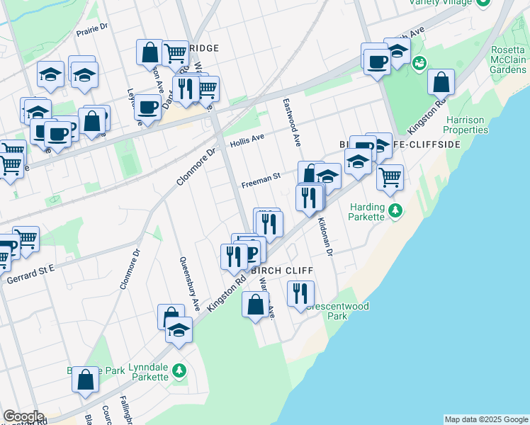 map of restaurants, bars, coffee shops, grocery stores, and more near 77 Dunington Drive in Toronto