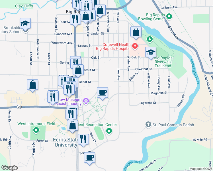 map of restaurants, bars, coffee shops, grocery stores, and more near 915 Campus Drive in Big Rapids