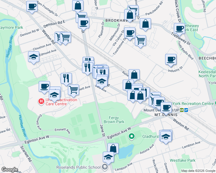 map of restaurants, bars, coffee shops, grocery stores, and more near 1342 Weston Road in Toronto