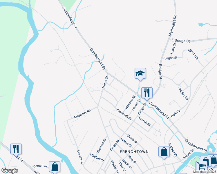 map of restaurants, bars, coffee shops, grocery stores, and more near 215 Pierce Street in Westbrook