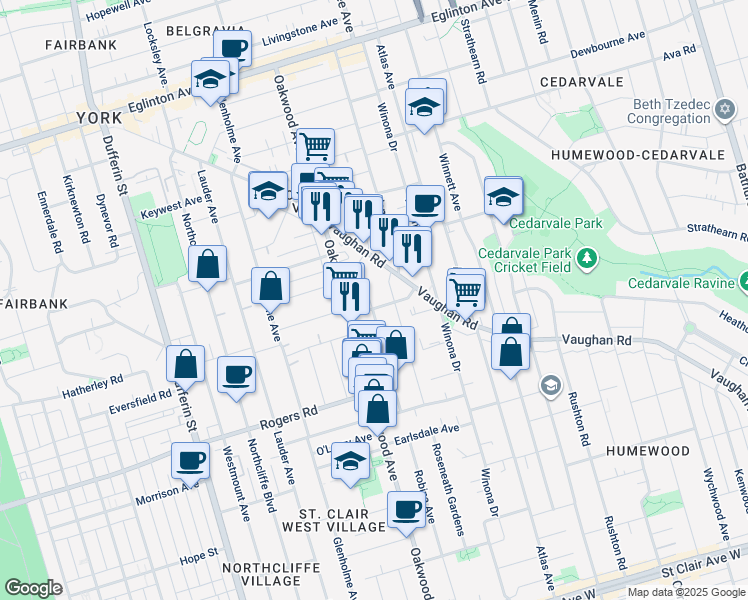 map of restaurants, bars, coffee shops, grocery stores, and more near 299 Robina Avenue in Toronto