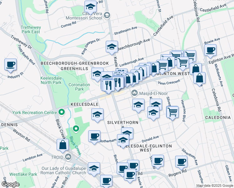 map of restaurants, bars, coffee shops, grocery stores, and more near in Toronto