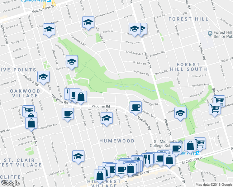 map of restaurants, bars, coffee shops, grocery stores, and more near 64 Heathdale Road in Toronto