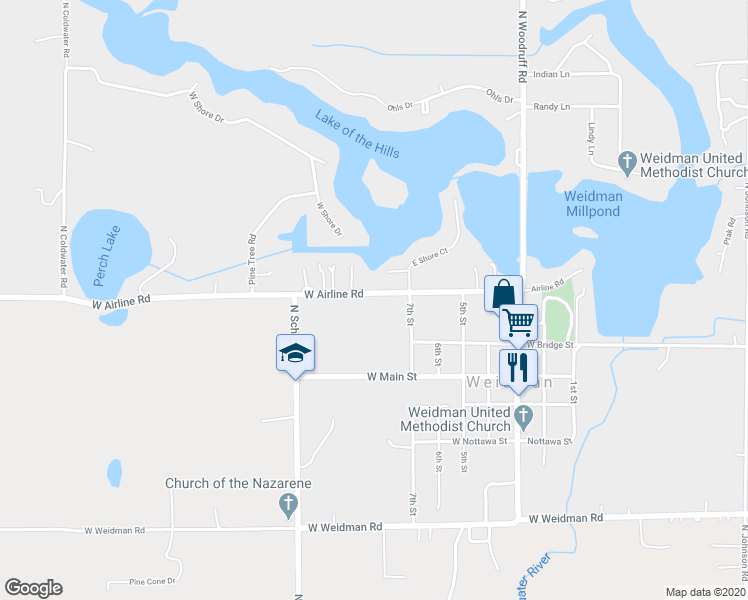 map of restaurants, bars, coffee shops, grocery stores, and more near 6315 West Airline Road in Weidman