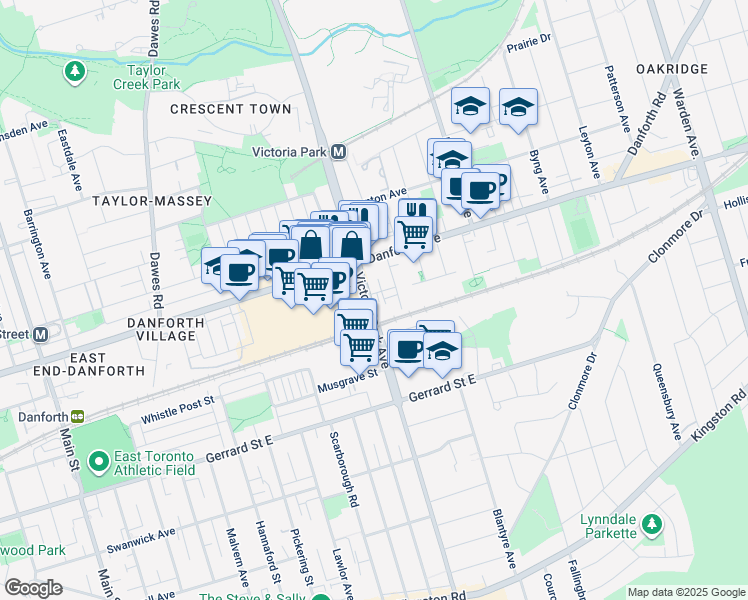 map of restaurants, bars, coffee shops, grocery stores, and more near 20 Wakehood Street in Toronto
