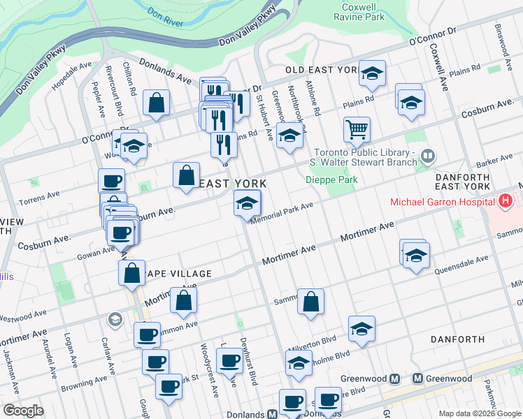 map of restaurants, bars, coffee shops, grocery stores, and more near 9 Lesmount Avenue in Toronto