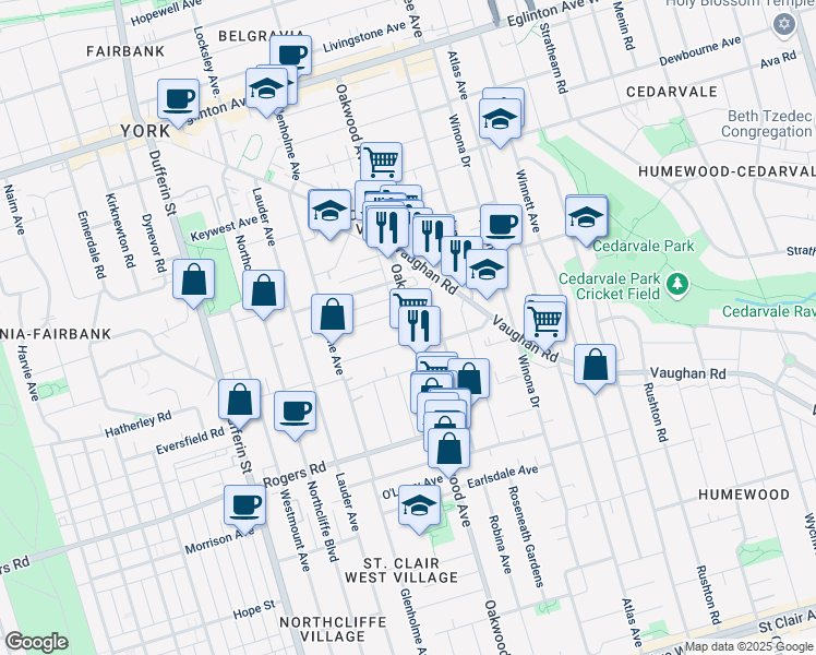 map of restaurants, bars, coffee shops, grocery stores, and more near Oakwood Avenue in Toronto