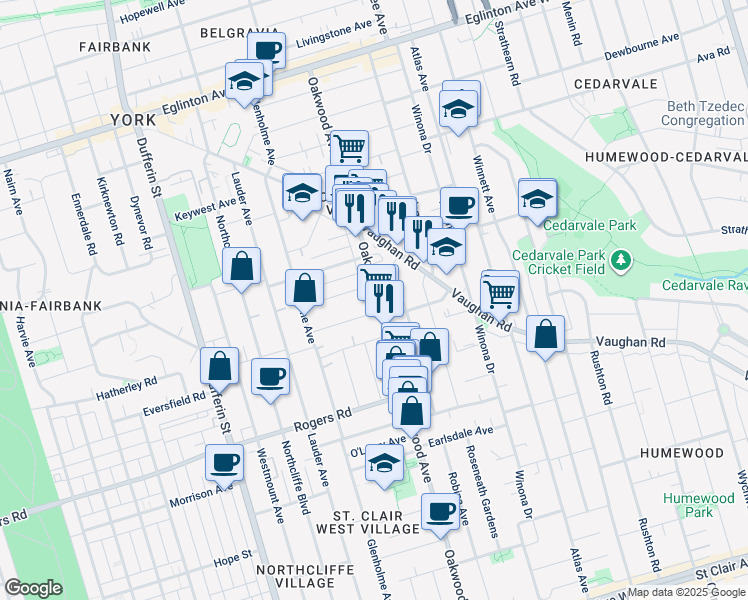 map of restaurants, bars, coffee shops, grocery stores, and more near in Toronto