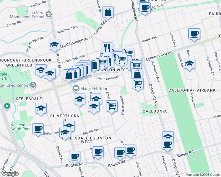 map of restaurants, bars, coffee shops, grocery stores, and more near 55 Cameron Avenue in Toronto