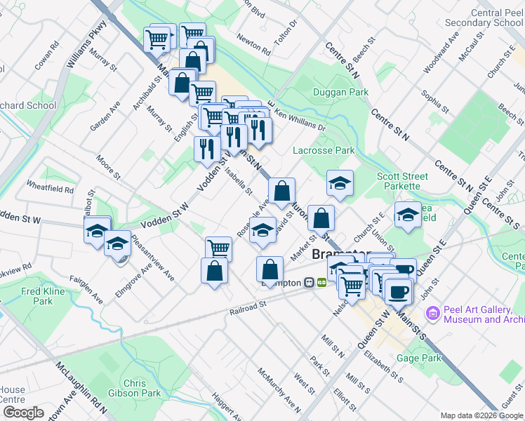map of restaurants, bars, coffee shops, grocery stores, and more near 19 Isabella Street in Brampton