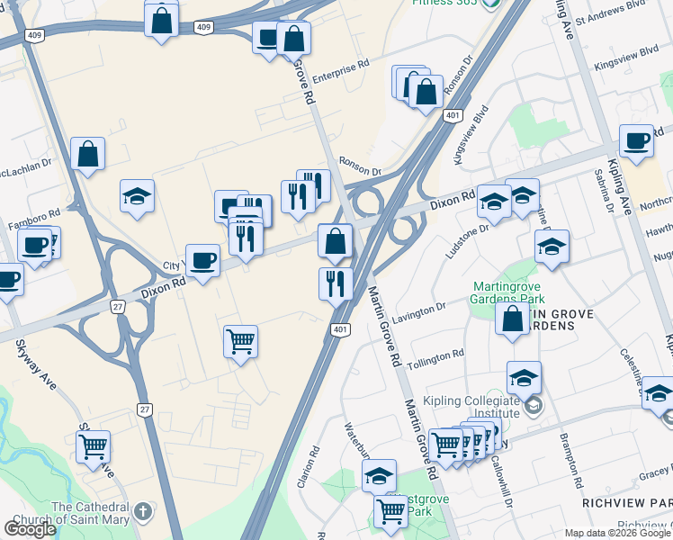 map of restaurants, bars, coffee shops, grocery stores, and more near 557 Dixon Road in Toronto
