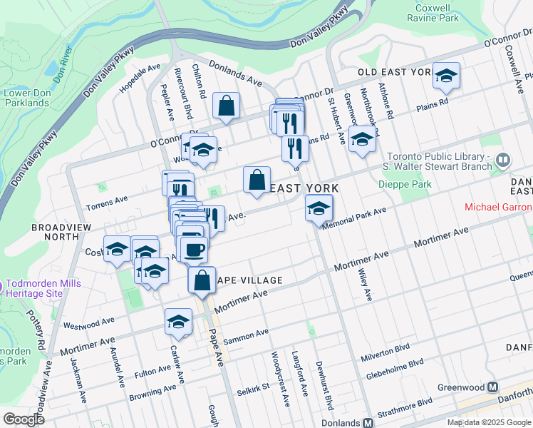map of restaurants, bars, coffee shops, grocery stores, and more near 224 Cosburn Avenue in Toronto