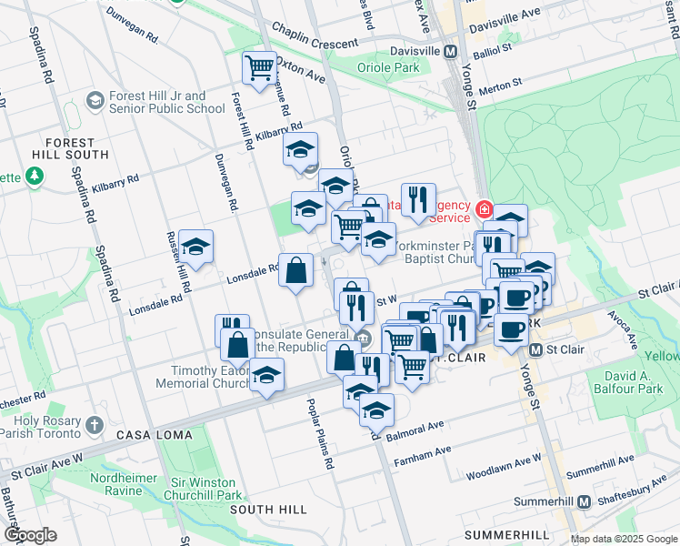 map of restaurants, bars, coffee shops, grocery stores, and more near in Toronto
