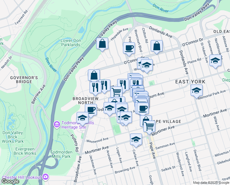 map of restaurants, bars, coffee shops, grocery stores, and more near 72 Gamble Avenue in Toronto